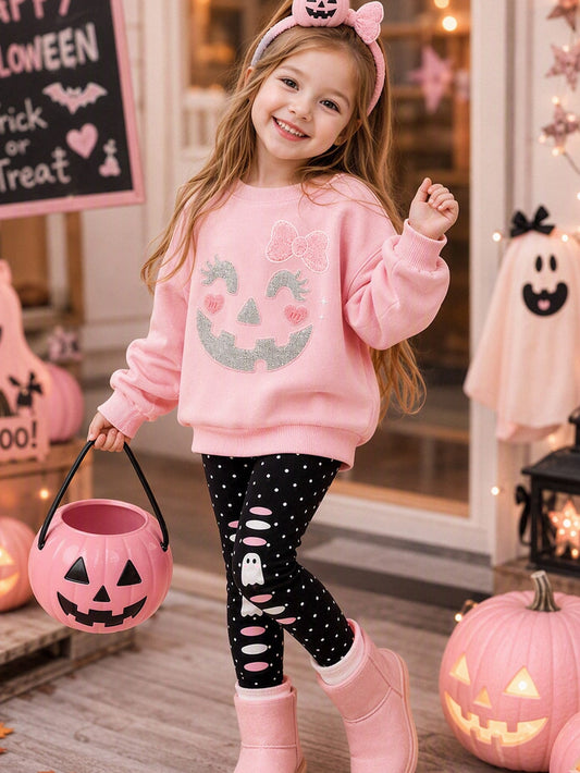 Girls Halloween Pumpkin Bow Sweatshirt & Leggings Set – Ages 4–7
