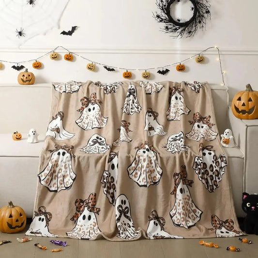 Hahafelt Halloween Cheetah Ghost Blanket Brown Leopard Throw Blanket
