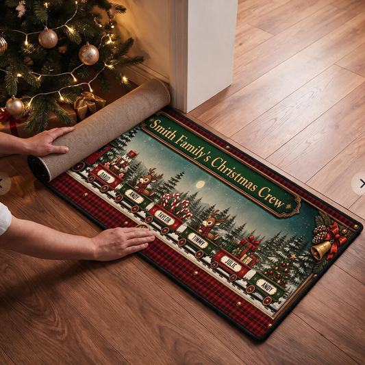 Custom Family Name Christmas Rug, Holiday Gift For Grandma Grandpa • Christmas Train Family - Personalized Runner Rug