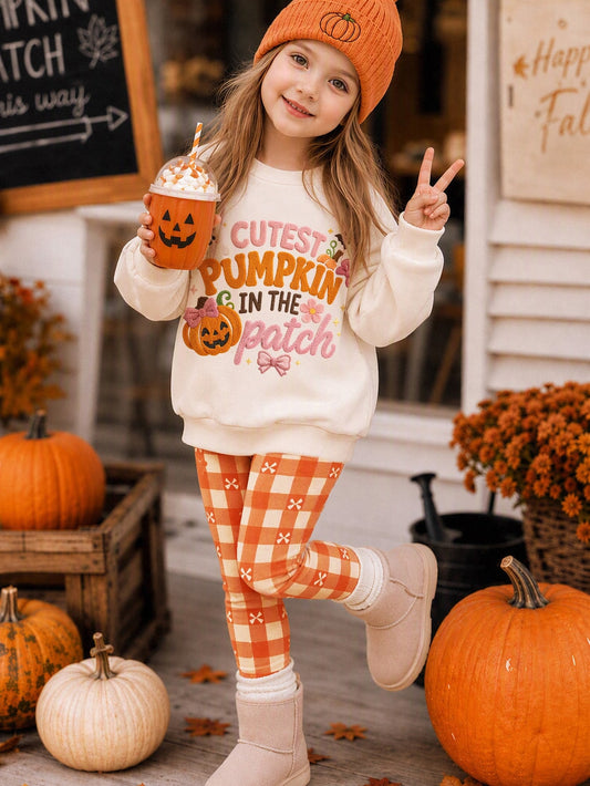 Girls Halloween Pumpkin Bow Sweatshirt & Leggings Set – Ages 4–7