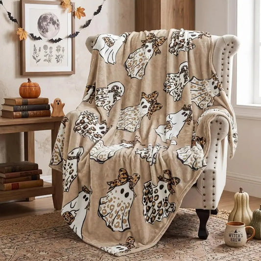 Hahafelt Halloween Cheetah Ghost Blanket Brown Leopard Throw Blanket